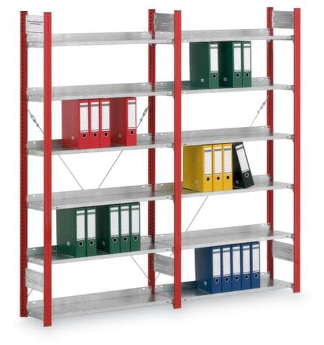 Rayonnage sans boulons pour classeurs, 6 tablettes, montant RAL3000 rouge vif