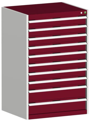bott Armoire à tiroirs cubio surface de base 800x650 mm, 10 tiroir(s), RAL7035 gris clair/RAL3004 rouge pourpre