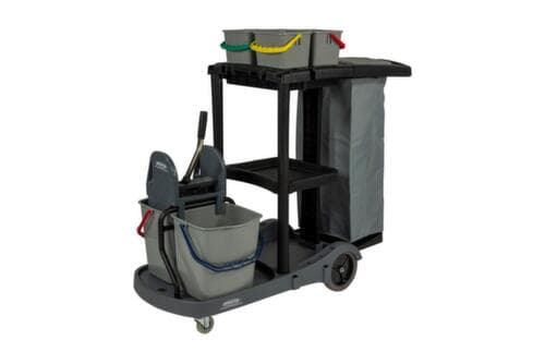Chariot de nettoyage avec sac de 120 litres et presse à balais, 4x4 l/2x17 l seau en rouge/bleu/vert/jaune