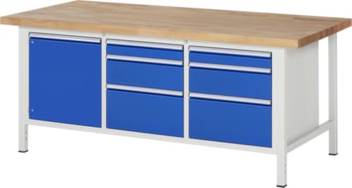 RAU Établi à hauteur réglable Serie 8000, 6 tiroirs, 1 armoire, RAL7035 gris clair/RAL5010 bleu gentiane