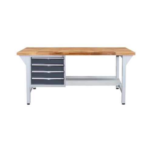 Établi avec plateau en hêtre massif, 4 tiroirs, 1 tablette, RAL7035 gris clair/RAL7016 gris anthracite