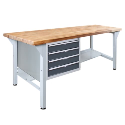 Établi avec plateau en hêtre massif, 4 tiroirs, 1 tablette, RAL7035 gris clair/RAL7016 gris anthracite