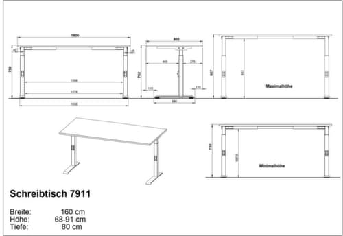 Bureau à hauteur réglable GW-BEDANO 9916 avec piètement en C