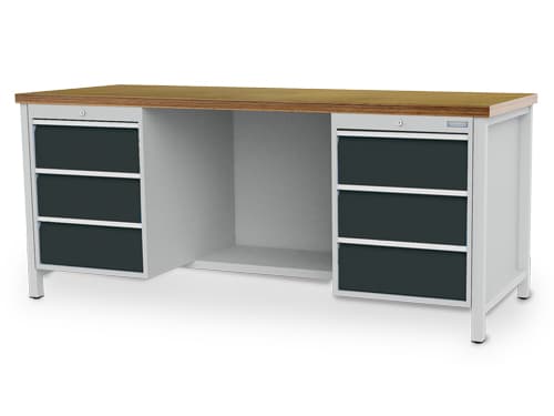 Bedrunka + Hirth Établi avec panneau multiplis hêtre, 6 tiroirs, 1/2 tablette, RAL7035 gris clair/RAL7016 gris anthracite